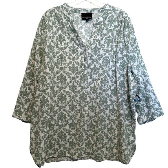Cynthia Rowley Woman Linen Tunic Womens Size 2X White & Sage Green Damask Top - Picture 1 of 7